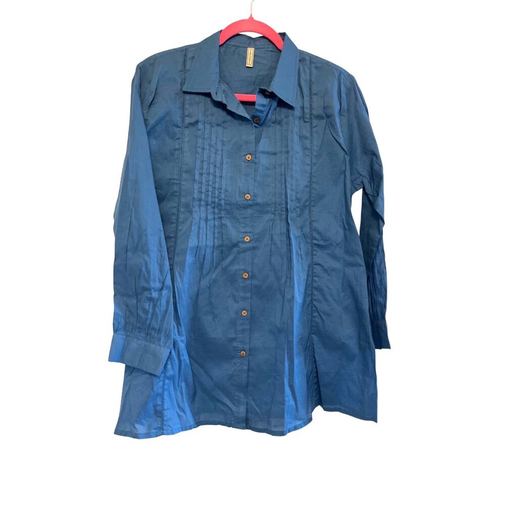 Embellish Blue Cotton Button-Down Tunic Shirt M Long Sleeve Made In India NWT